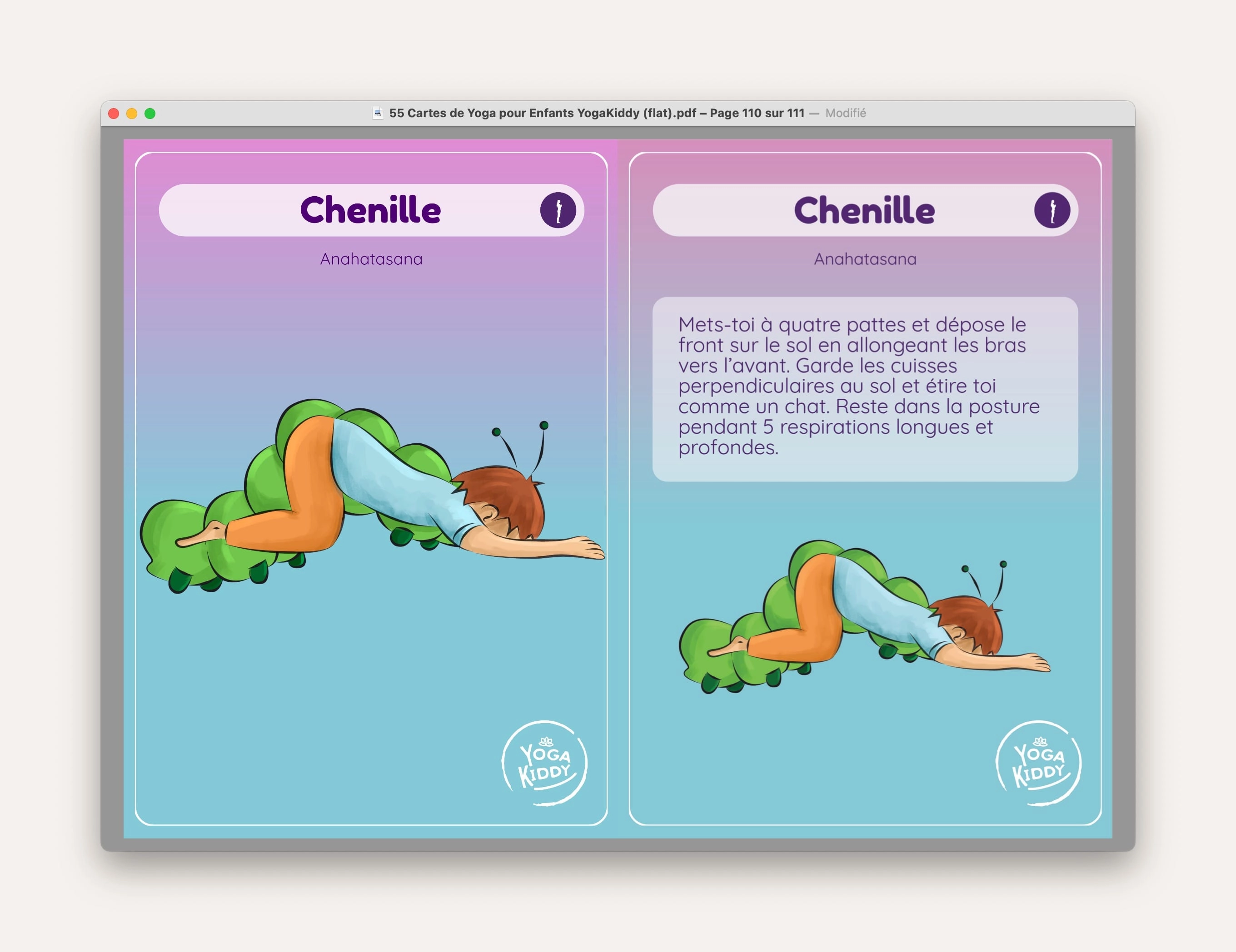chenille telecharger carte yoga gratuite posture YogaKiddy imprimer PDF yoga enfants