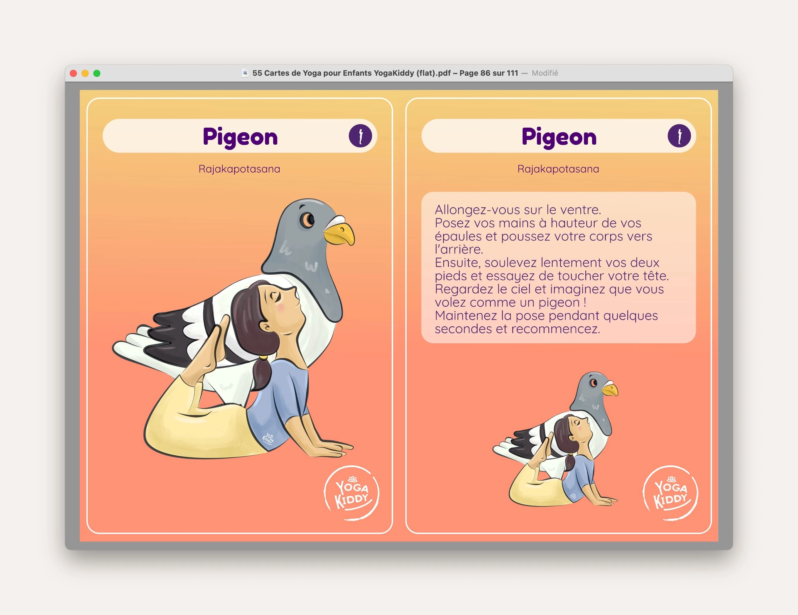 pigeon telecharger carte yoga gratuite posture YogaKiddy imprimer PDF yoga enfants
