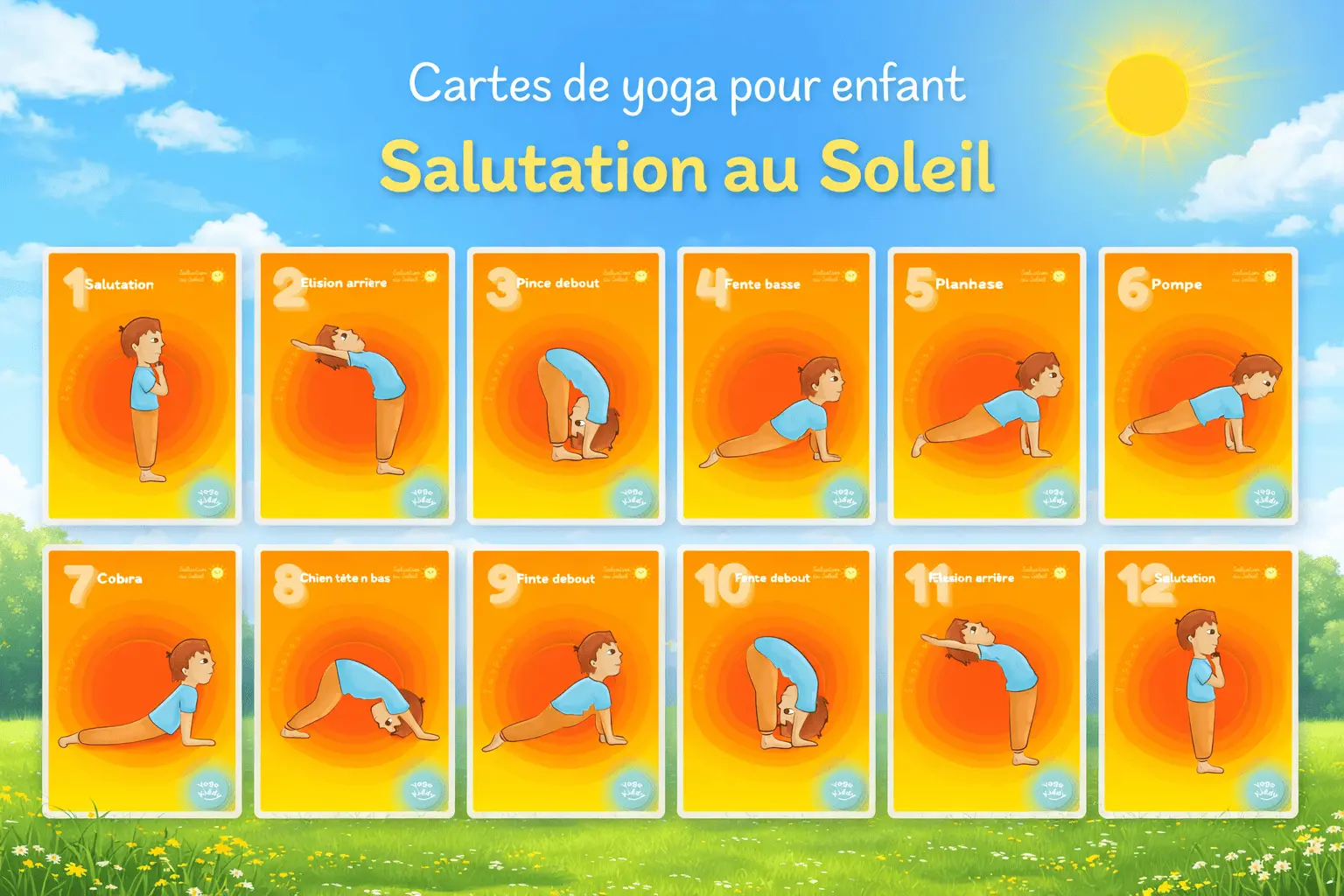 Séquence des 12 cartes de la salutation au soleil YogaKiddy